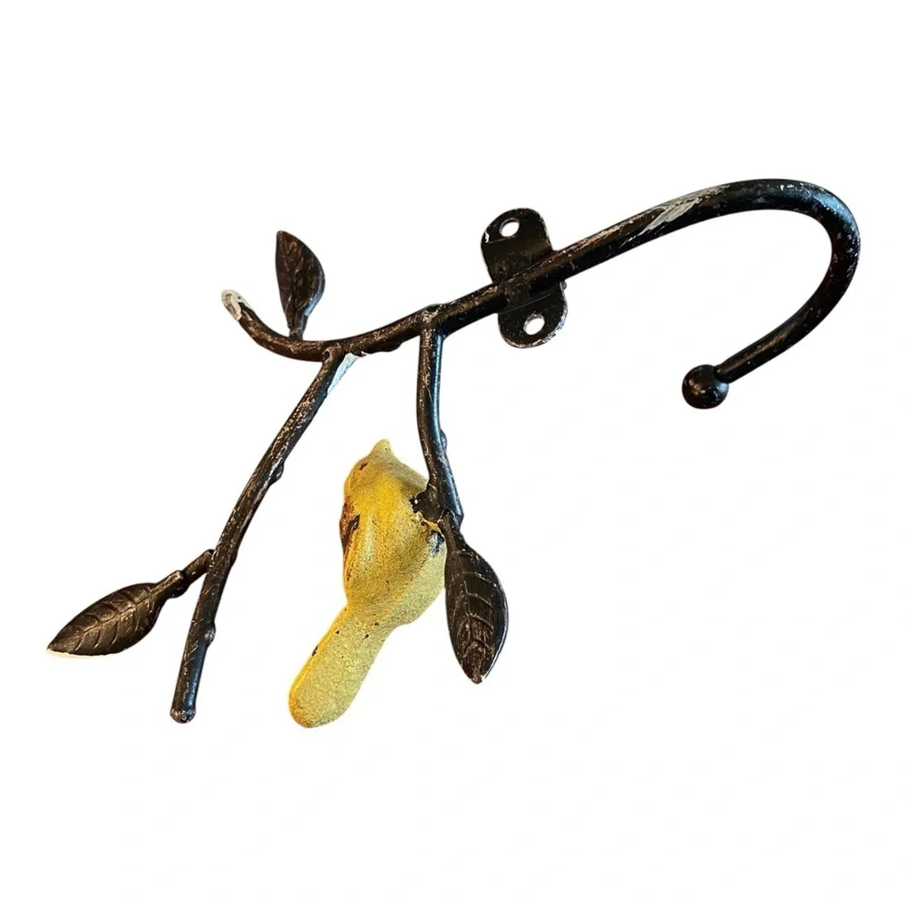 Distressed Metal Small Yellow Bird on Branch Wall Hook for Hanging Towel, etc.